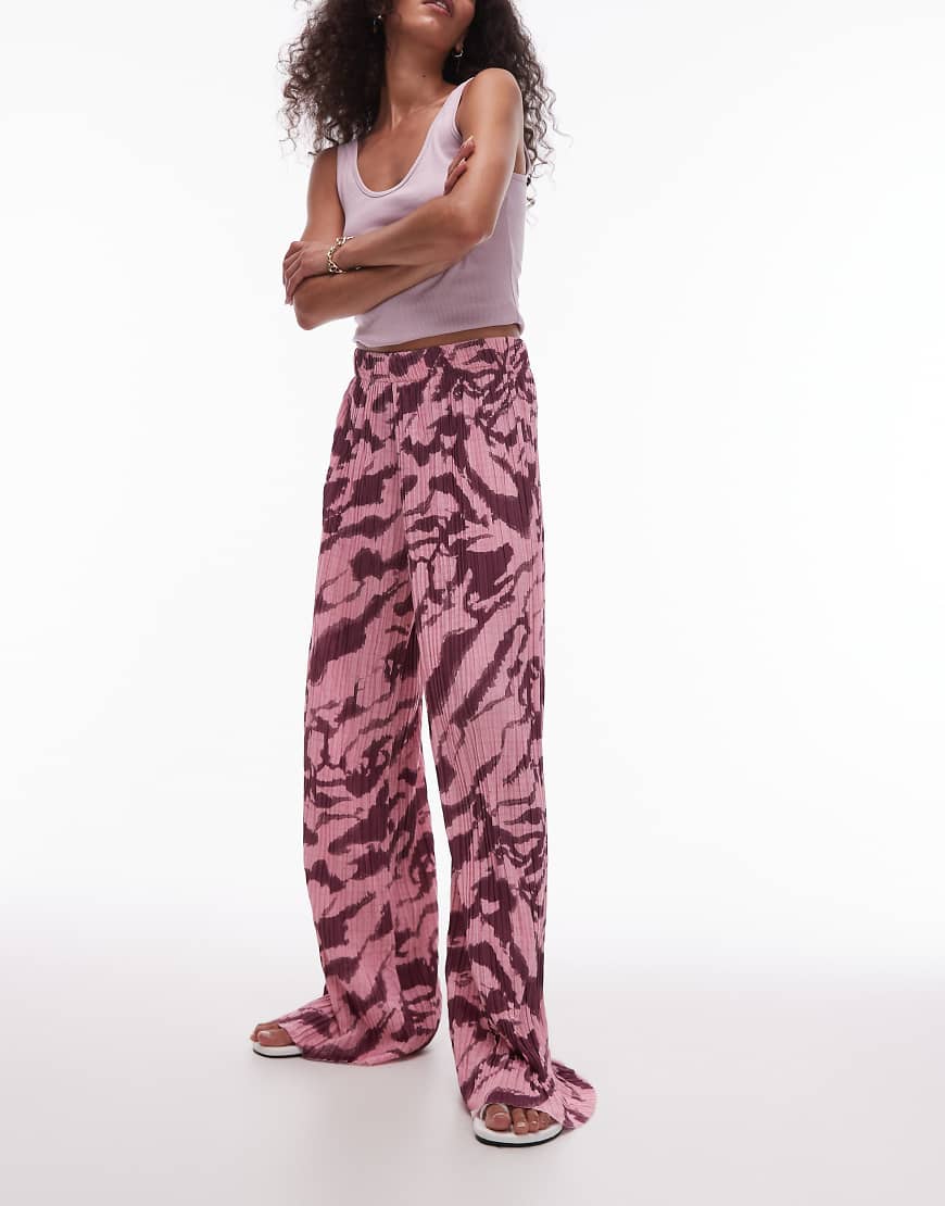 Crinkle zebra print wide leg trousers in pink