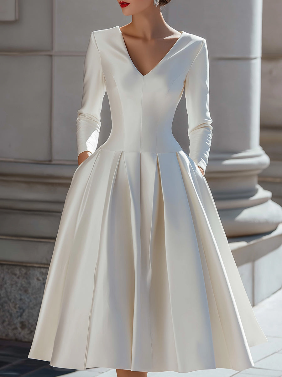 Elegant Satin V-Neck Pleated A-Line Midi Dress - White