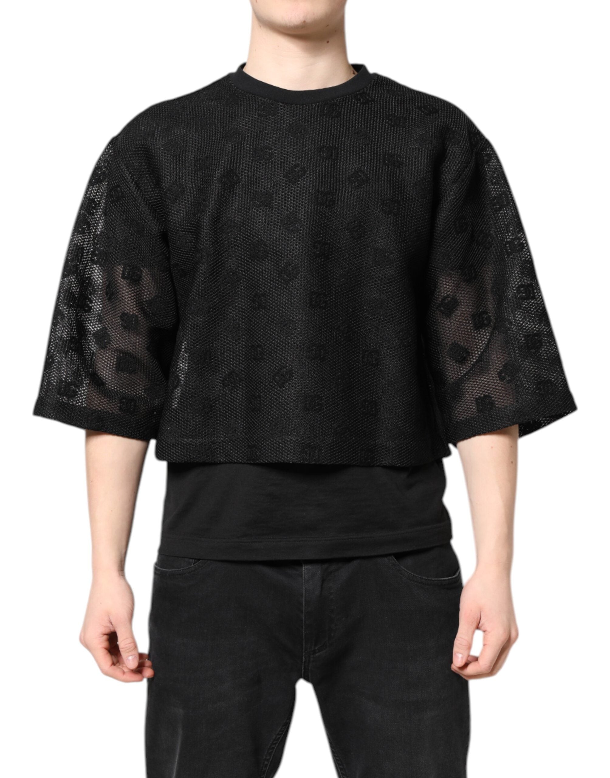Logo-Detailed Mesh Cotton Blend T-Shirt — Black