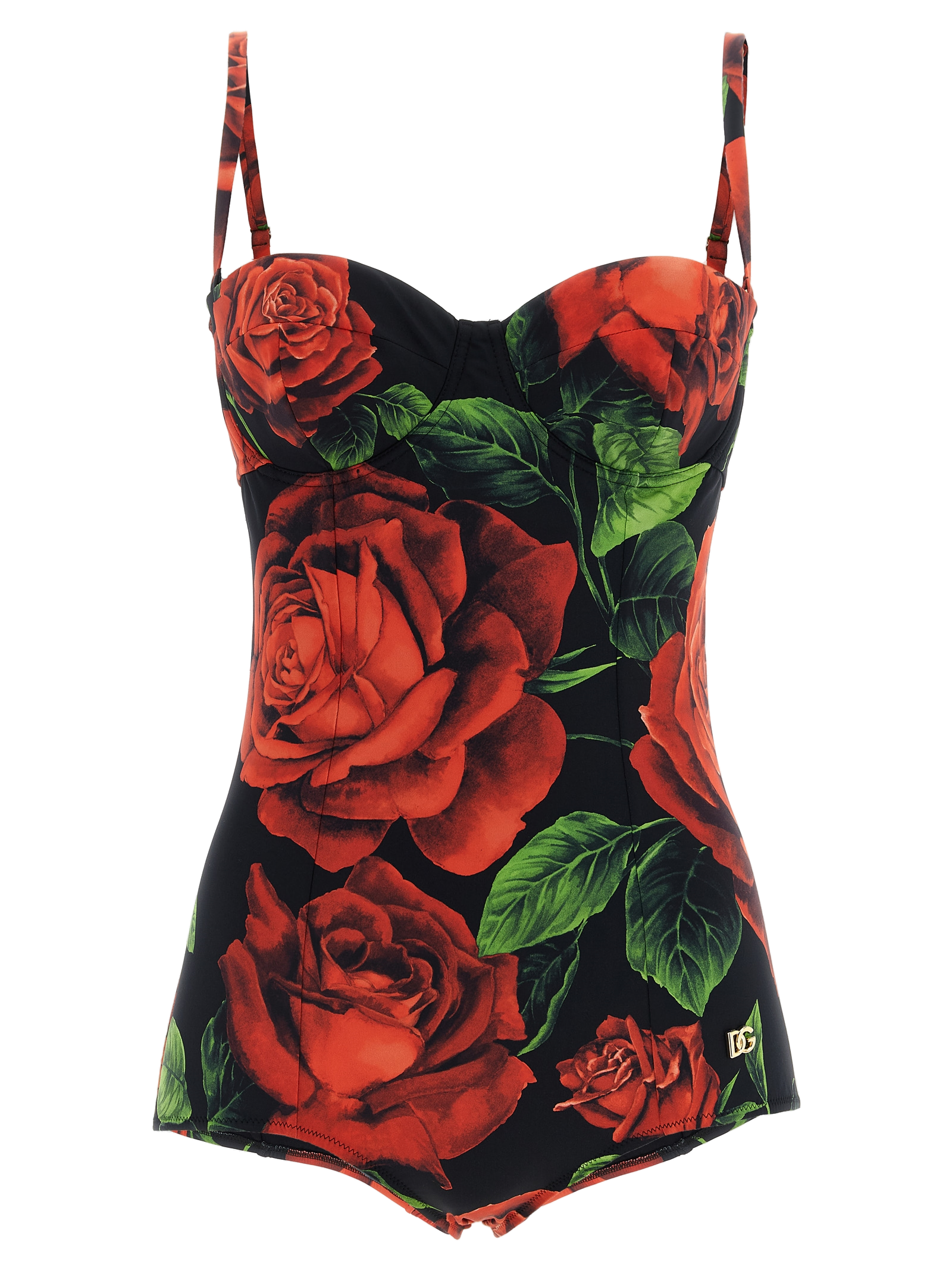 Rose-Print Balcony One-Piece Swimsuit — Black