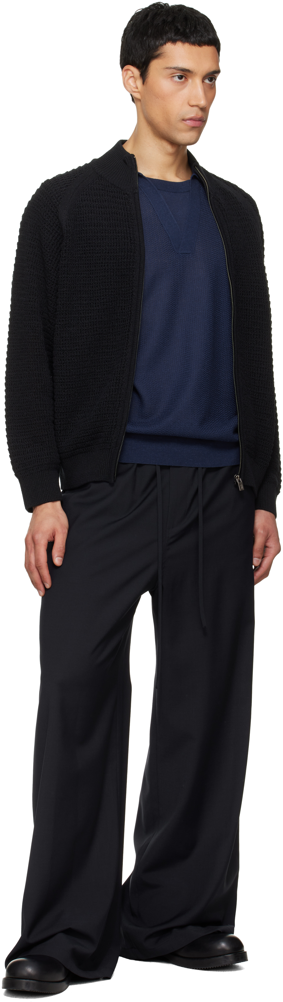 Navy Layered Neck Knit Polo