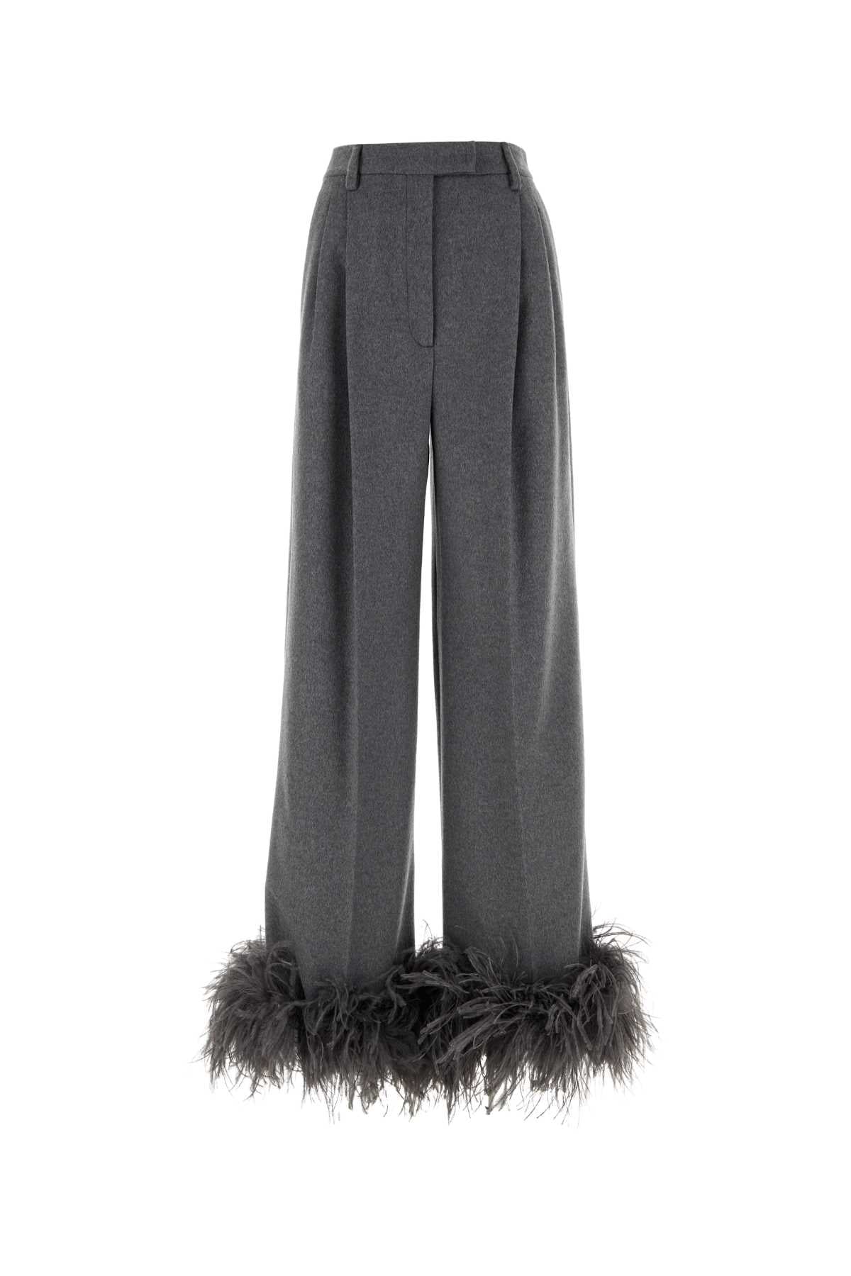 Feather-Trimmed Cashmere Trousers — Gray
