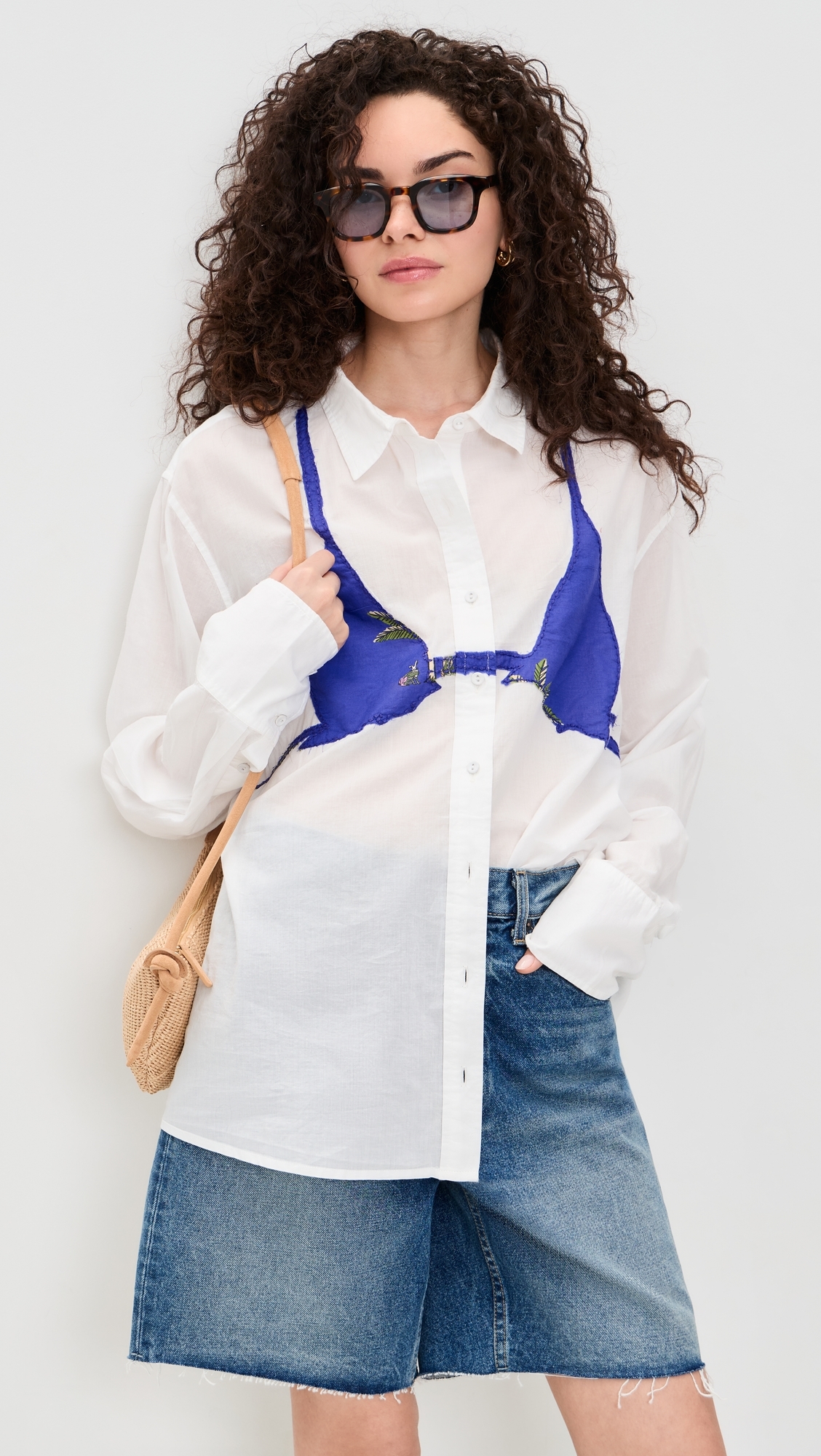 Business Casual Button Down Shirt White w/ Palm Deep Periwinkle One Size