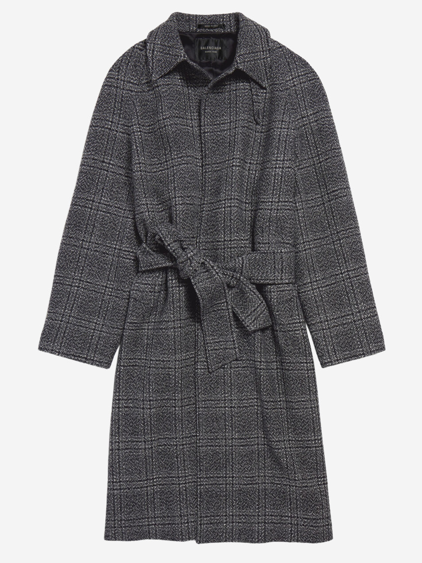 Grey Coat With Wide Notched Revers And All-over Check Motif In Wool Woman