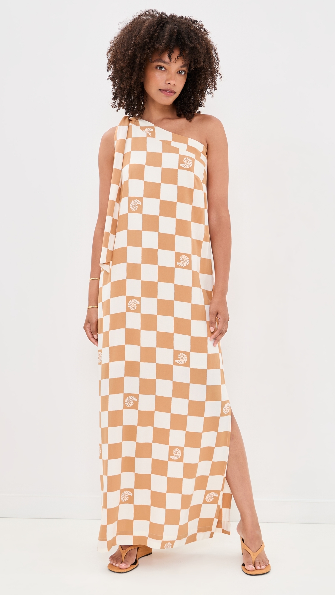 Beige Shell Plaid One shoulder Maxi Dress Beige Shell Plaid