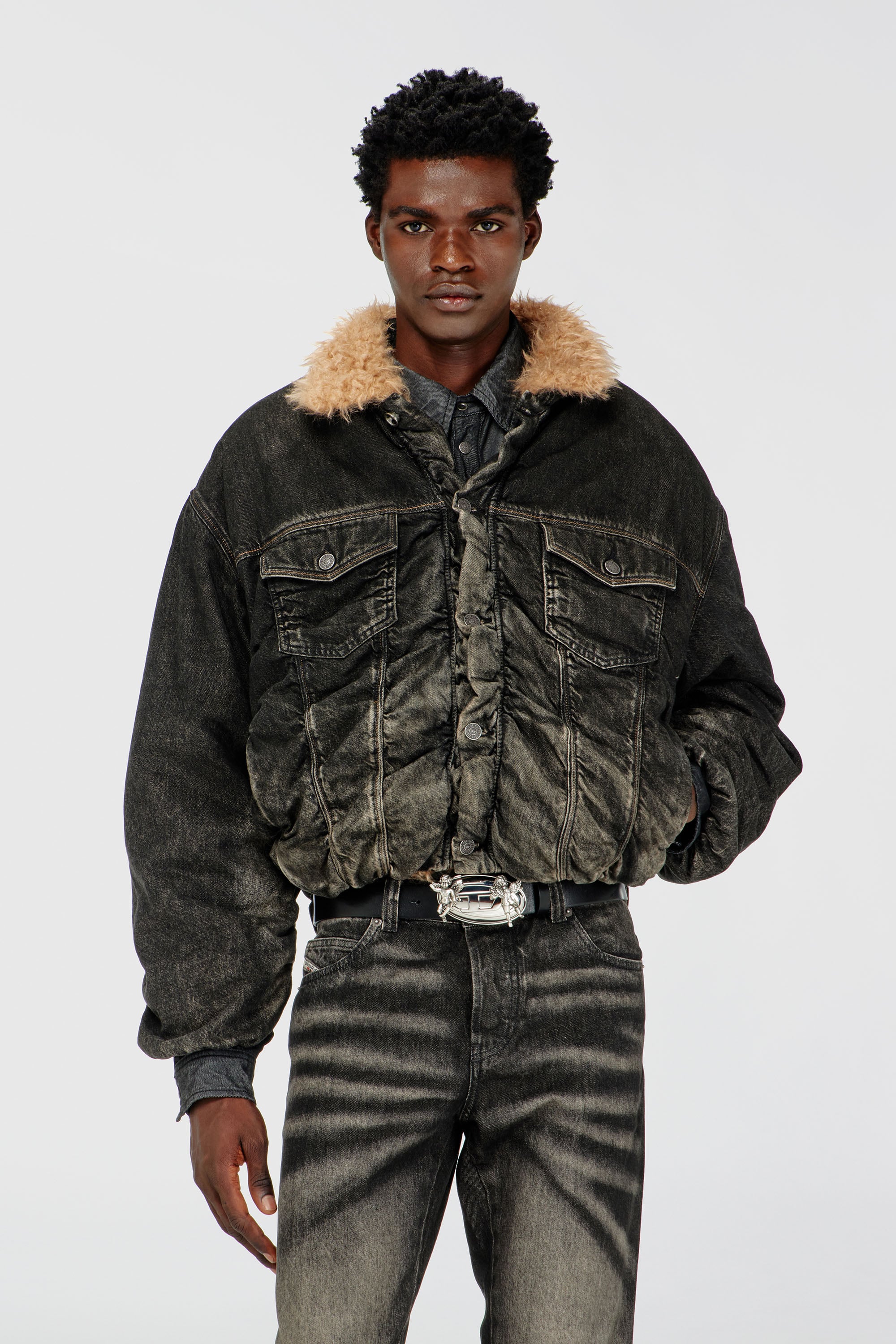 Teddy-lined trucker jacket in dirty-effect denim - Denim Jackets - Unisex - Black