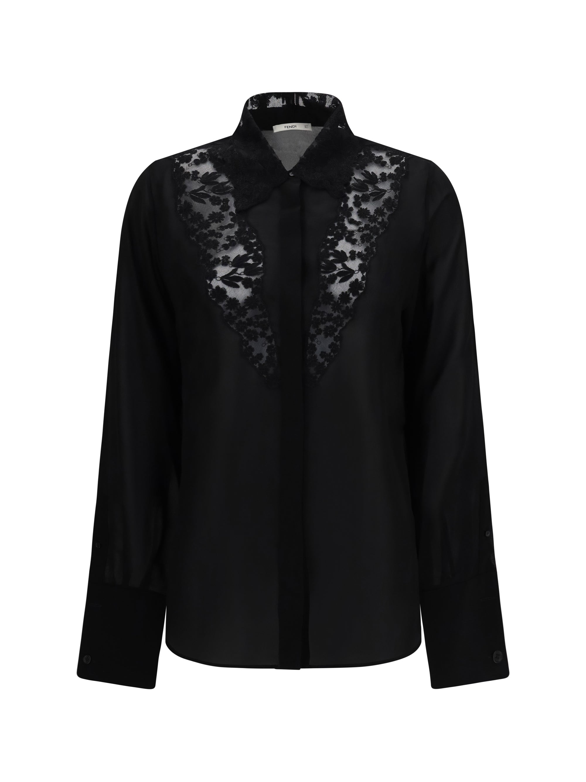 Lace-Trim Silk Georgette Shirt — Black