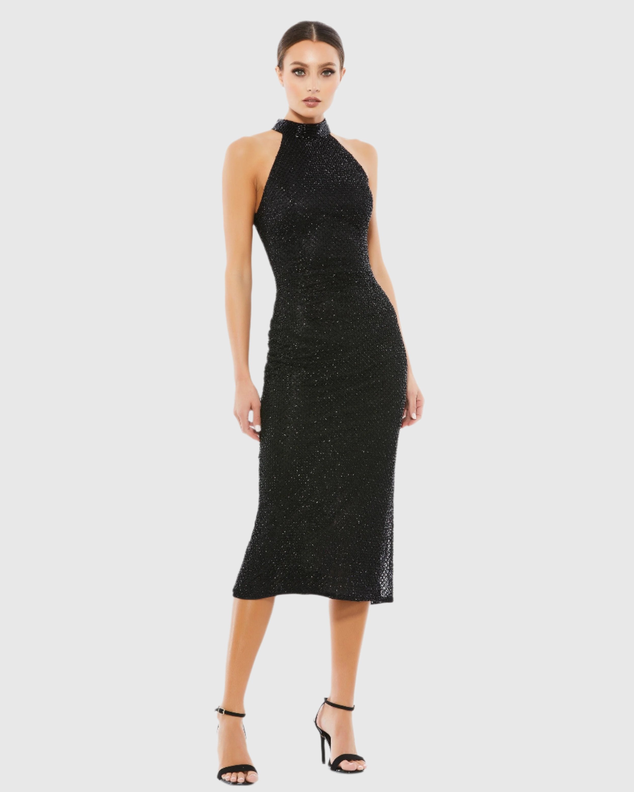 High Neck Halter Sleeveless Wedding Guest Midi Dress In Black