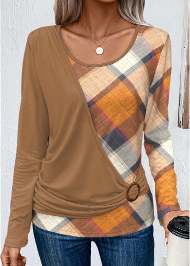 Modlily Dark Coffee Layered Plaid Long Sleeve T Shirt