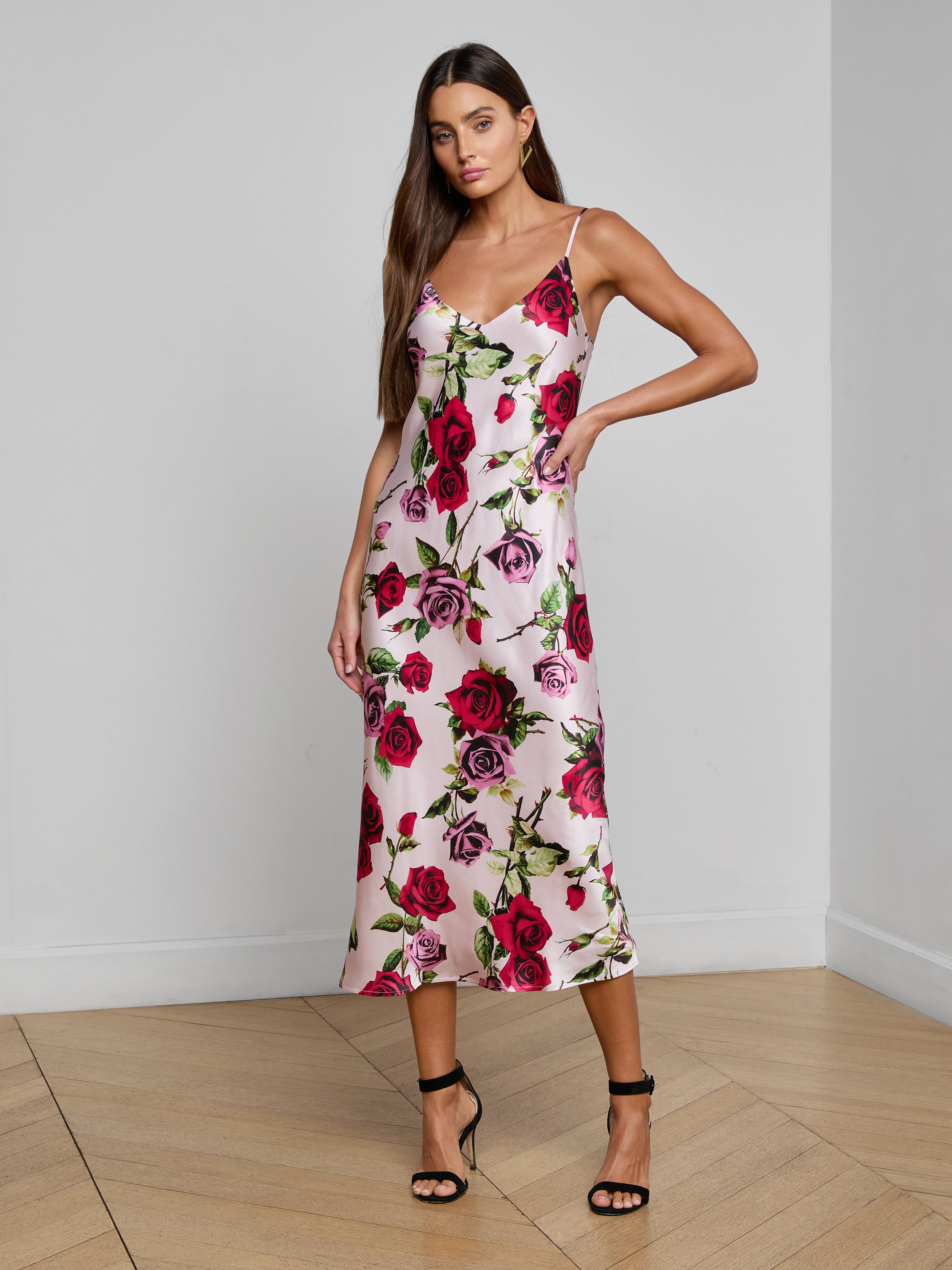 Seridie Silk Slip Dress In Pink Multi Romantic Rose