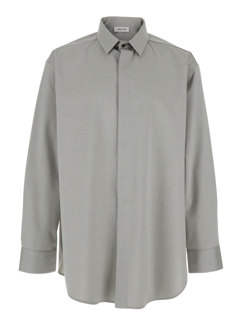 Grey Shirt With Classic Collar And Logo Patch On The Rear In Cotton And Wool Blend Man