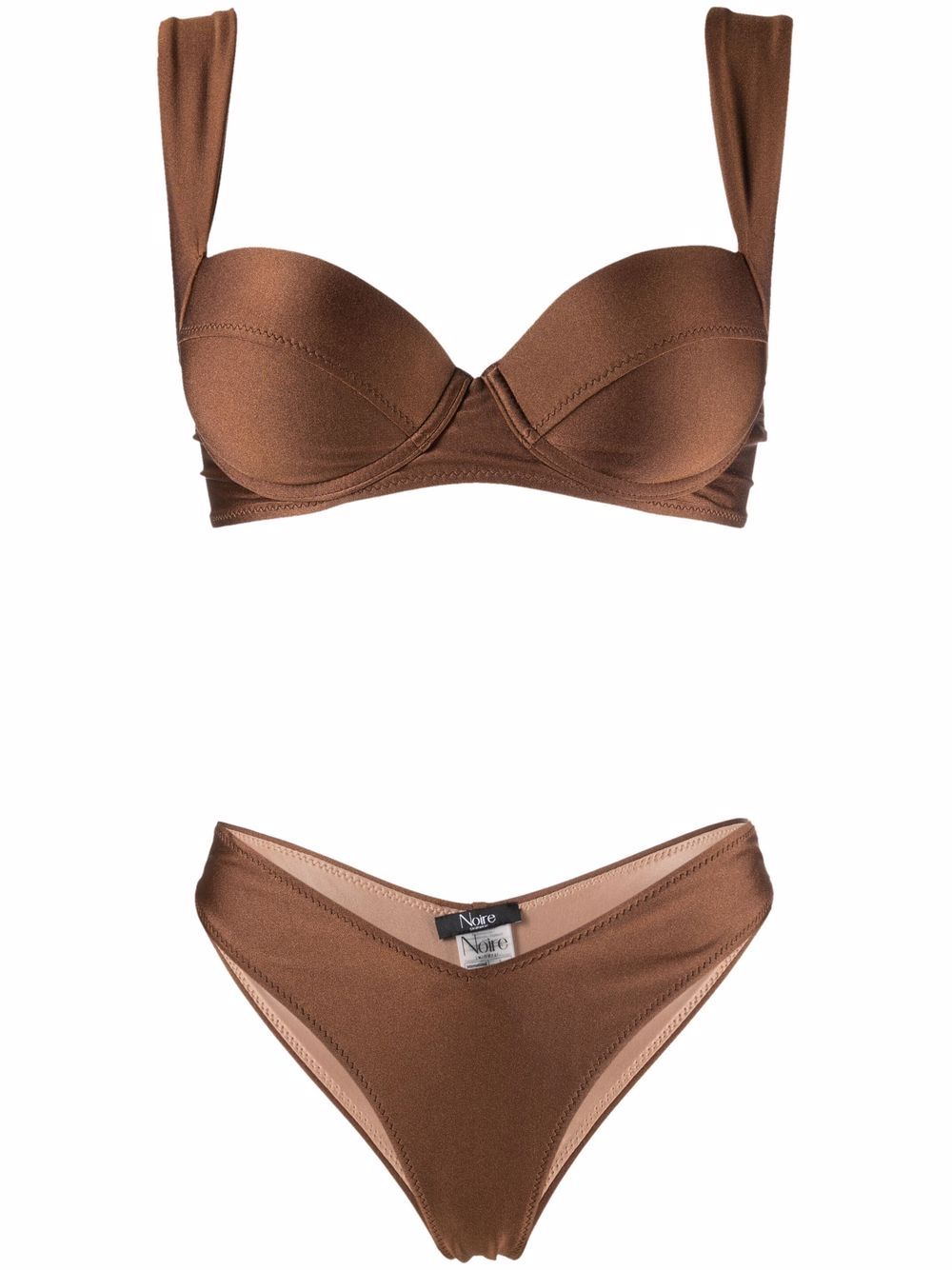 Satin-finish balconette-style bikini set - Brown