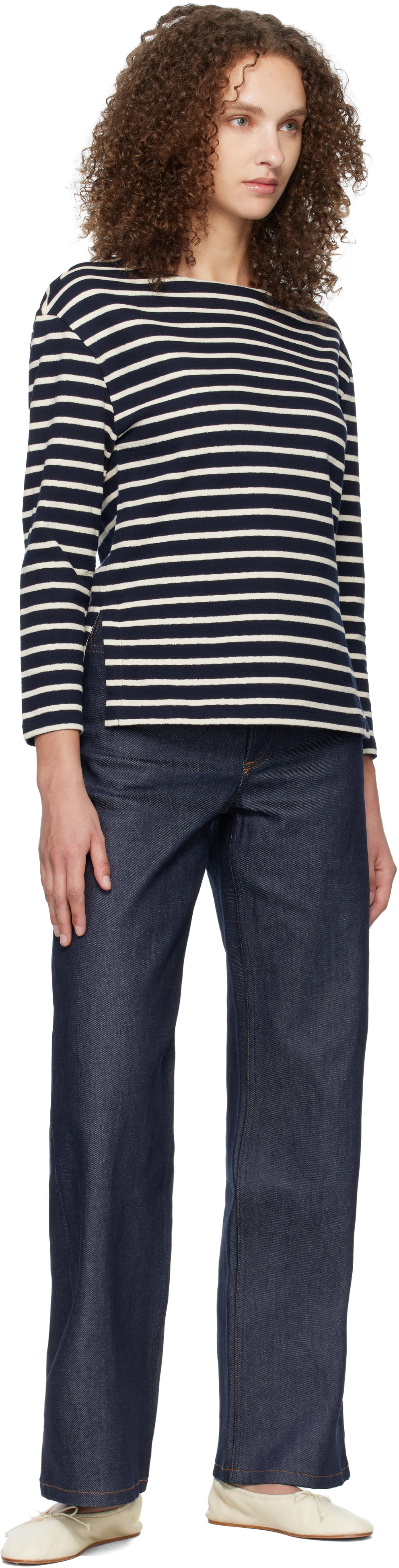 Navy Striped Three-Quarter Sleeve T-shirt