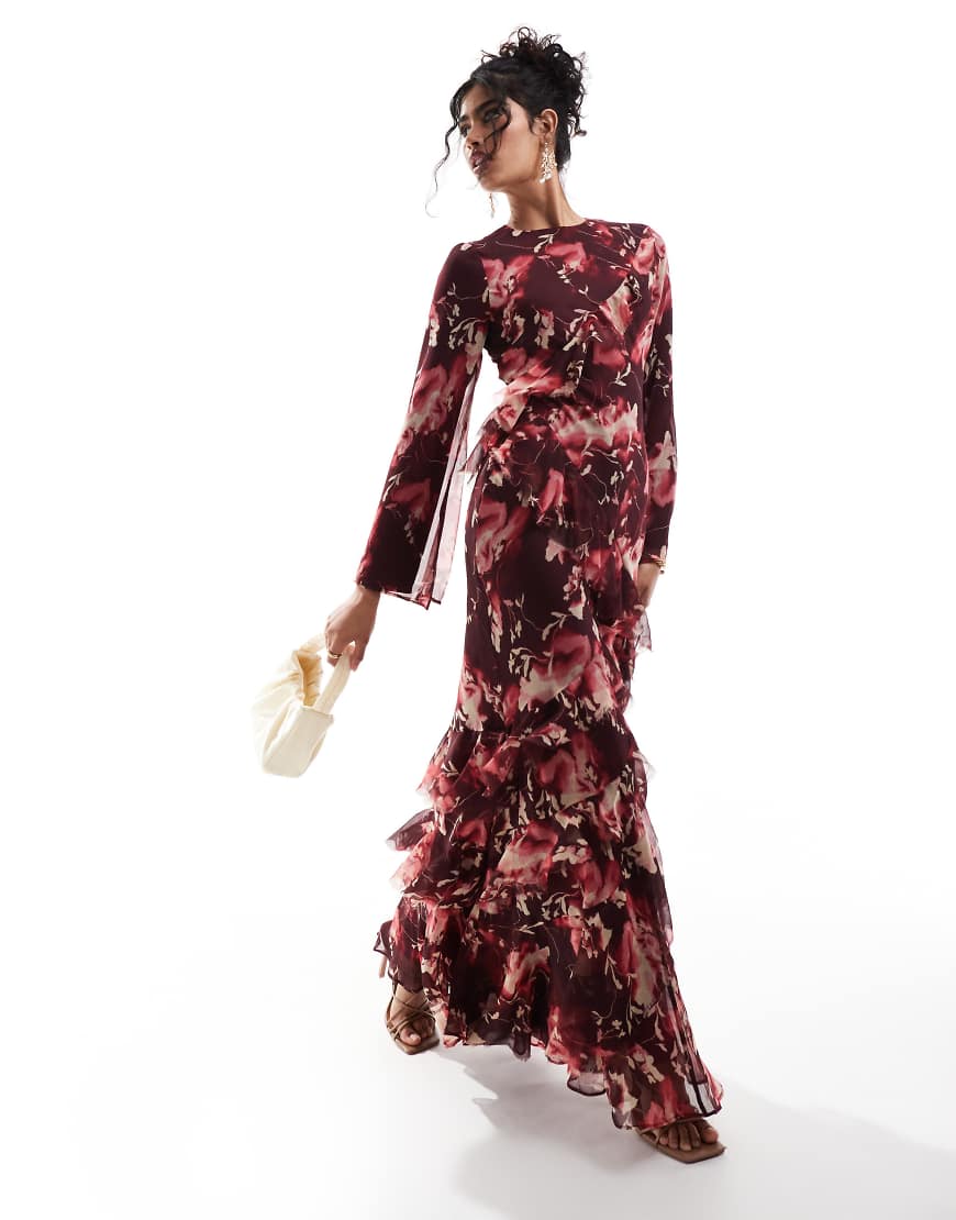 Fluted long sleeve extreme ruffle maxi dress in burgundy abstract floral print-Multi