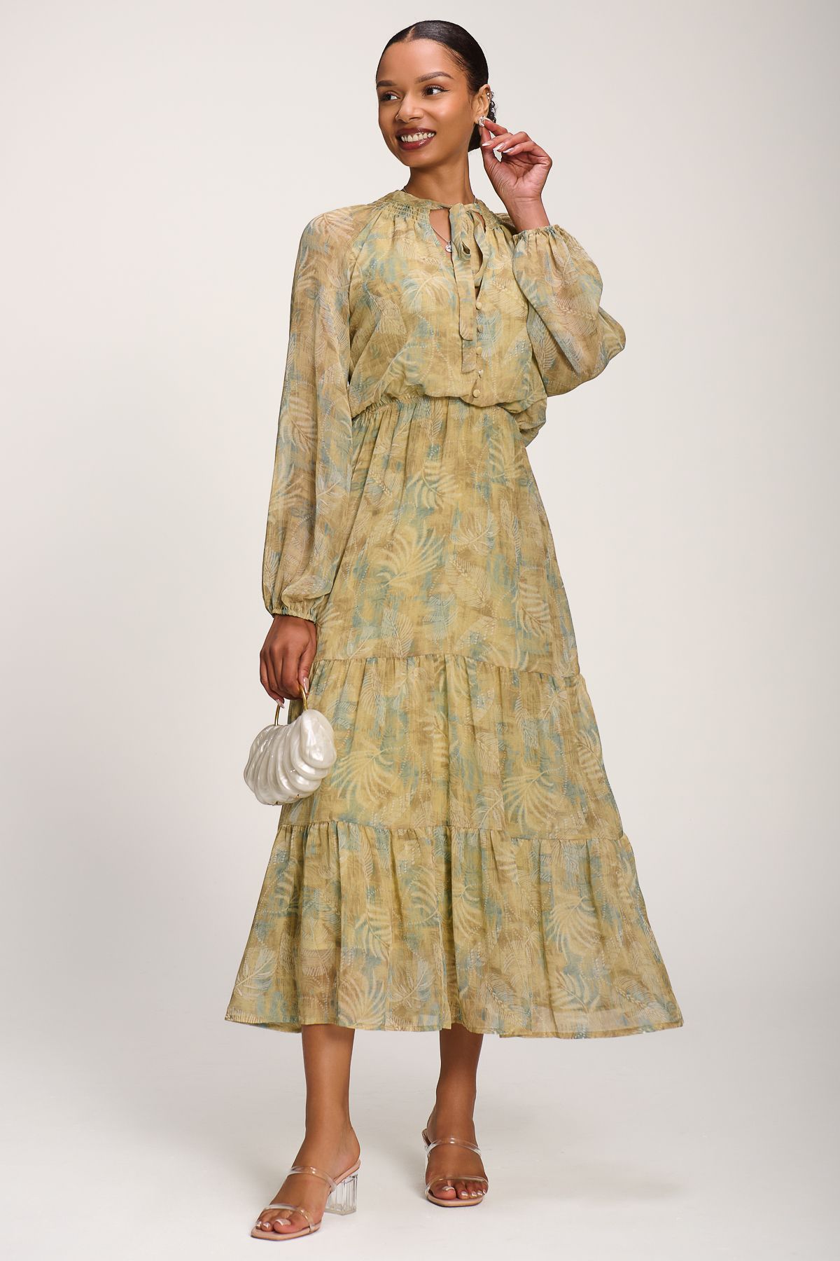 Jolie Moi Women's Chiffon Tie Neckline Maxi Dress in Olive