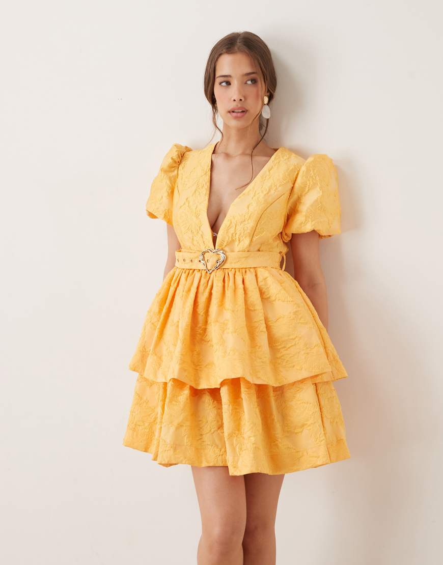 Heart belt jacquard mini dress in ochre-Purple