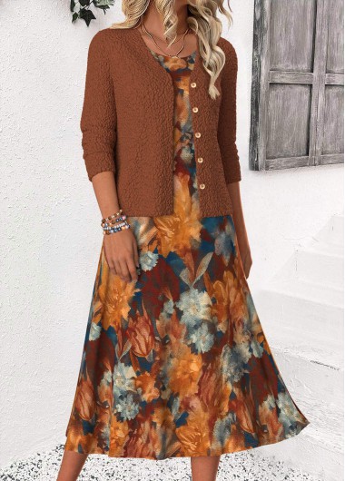 Modlily Dark Coffee Tummy Coverage Long Sleeve Dress and Cardigan