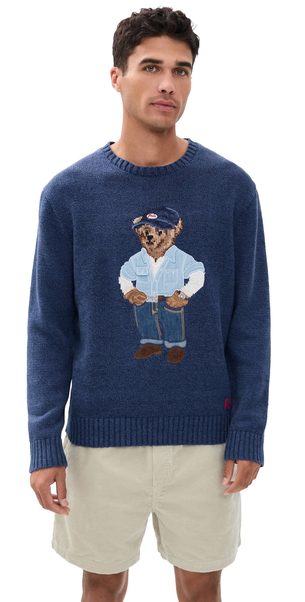 Original Label Cotton Linen Denim Bear Crewneck Sweater Light Navy