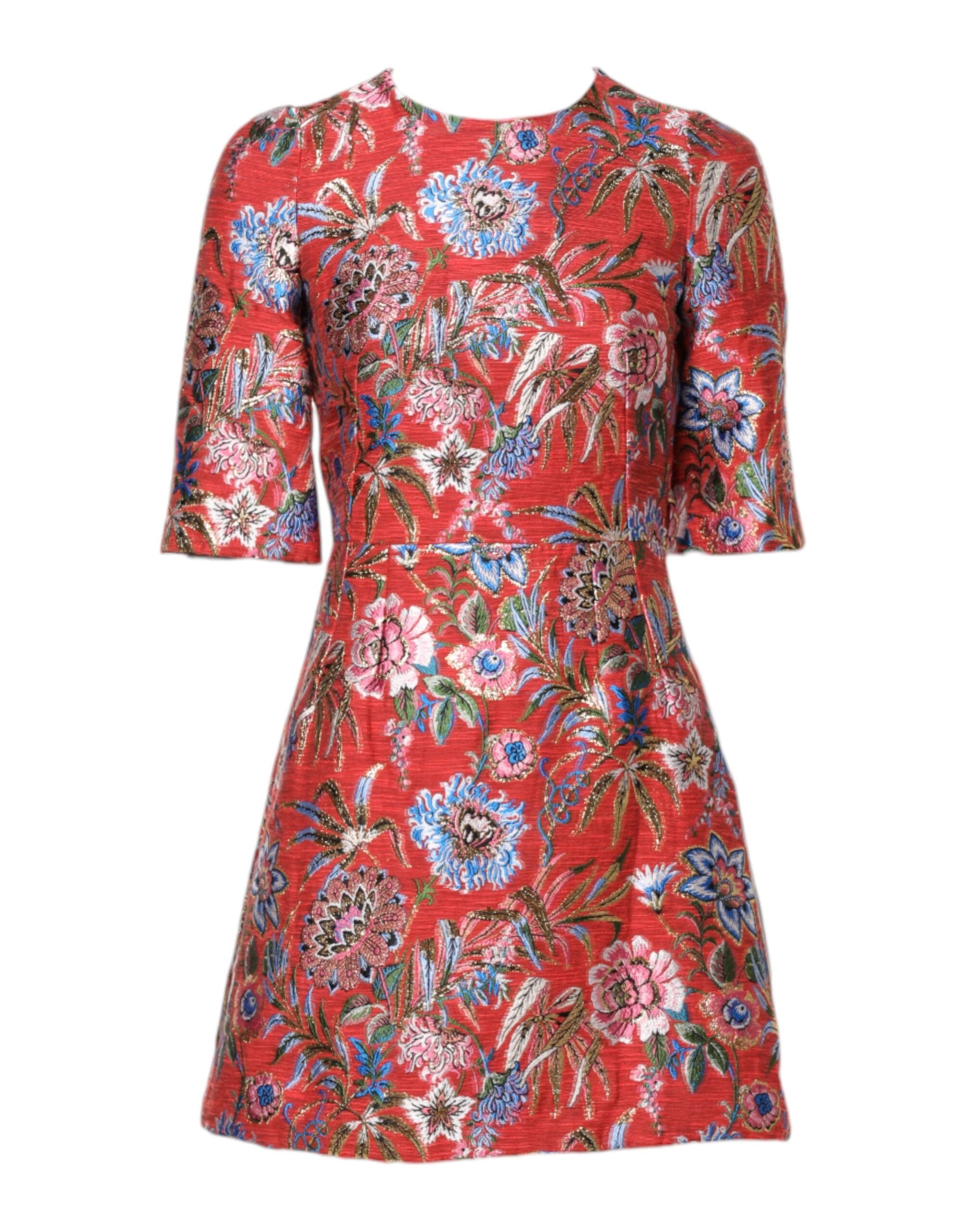 Floral Jacquard A-Line Dress — Red
