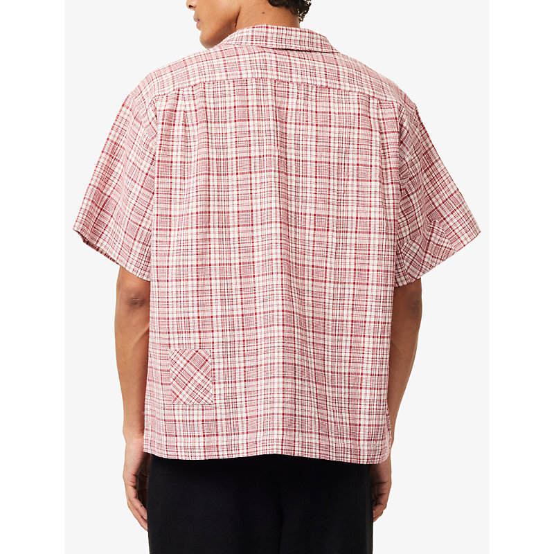 Mens Red Check Greetings Short-Sleeves Cotton-Knit Shirt