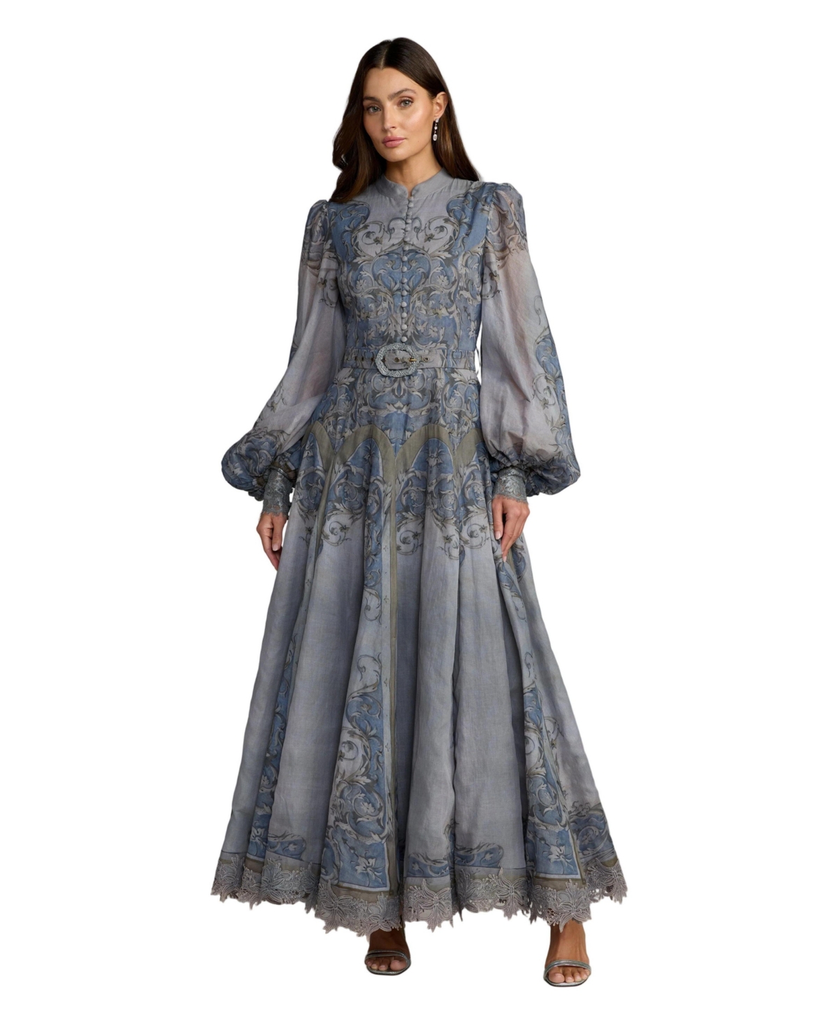 Petite Baroque Print Bishop Sleeve A-Line Ankle Dress - Slate blue