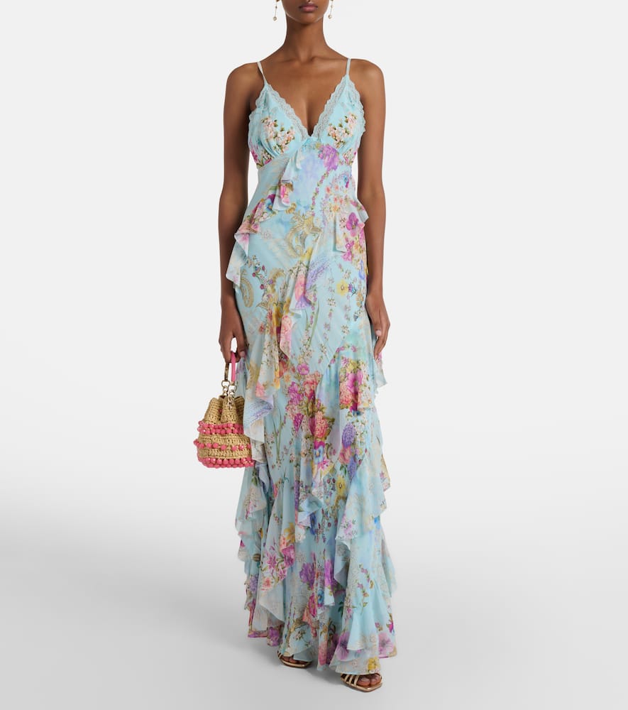 Floral ruffled silk slip dress