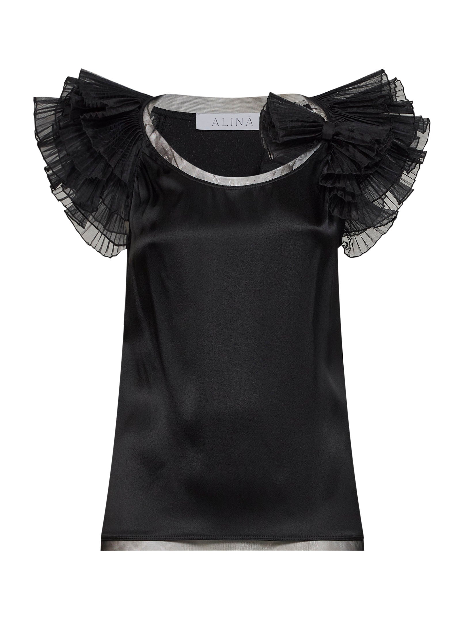 Silk-Blend Satin with Pleated Georgette Ruffles Blouse — Black