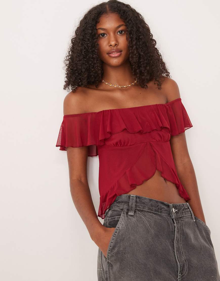 Ruffle bardot split front top in burgundy-Red