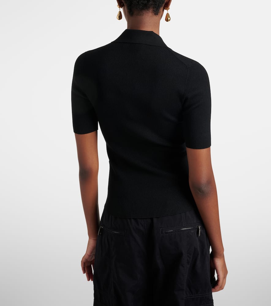 Embellished ribbed-knit polo shirt