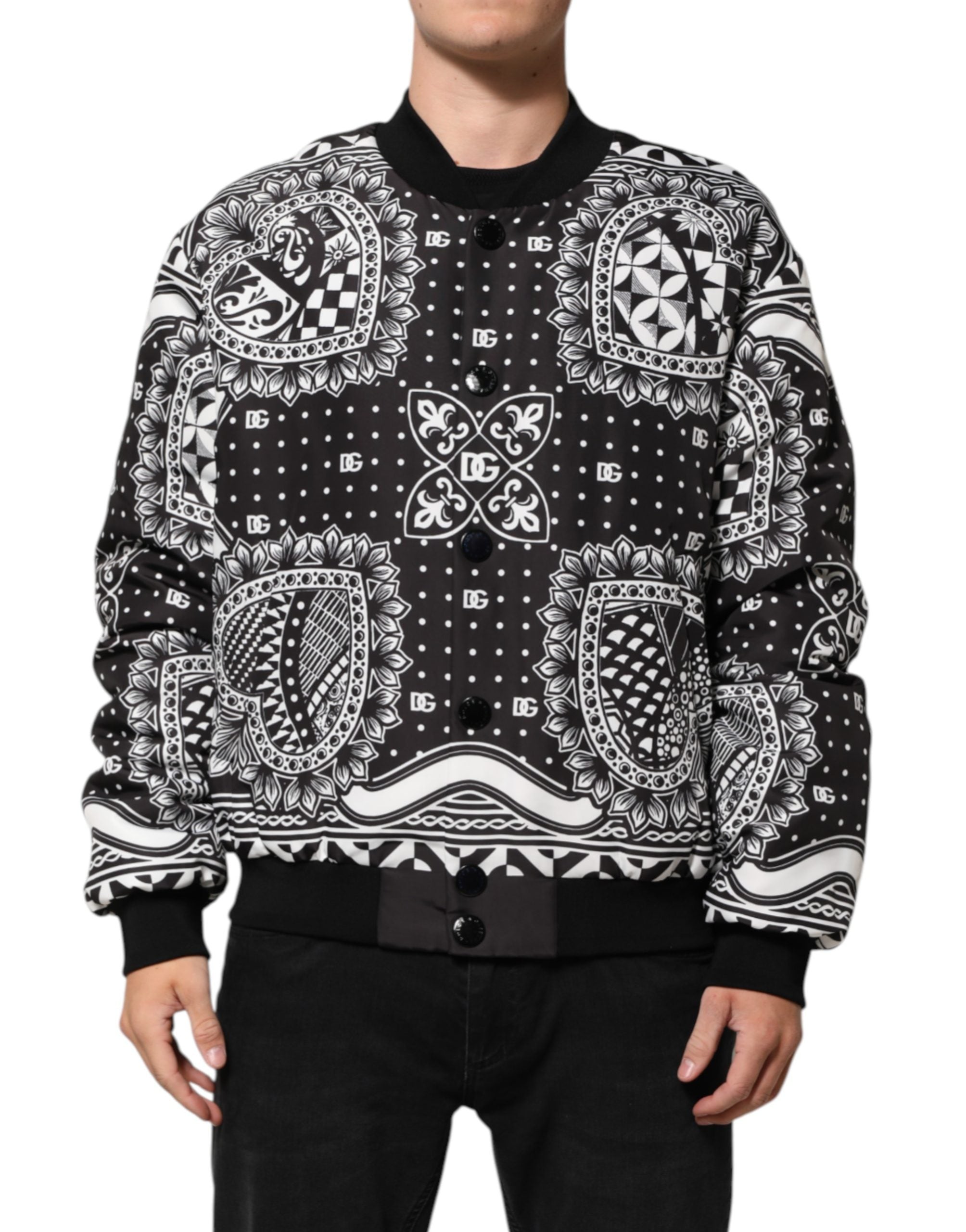 Bandana-Print Polyester Bomber Jacket — Black