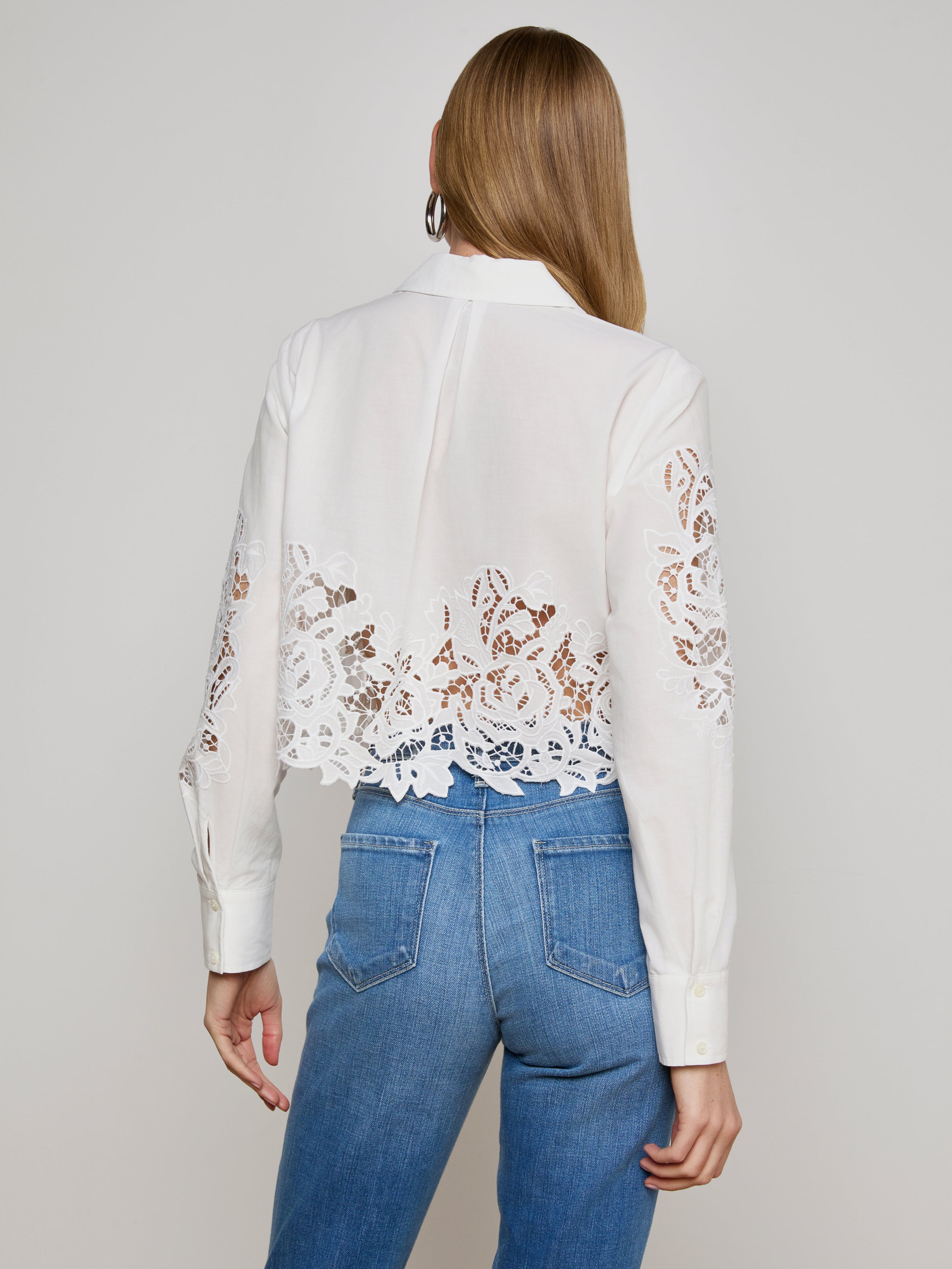 L'AGENCE Seychelle Cropped Lace Blouse Top In White