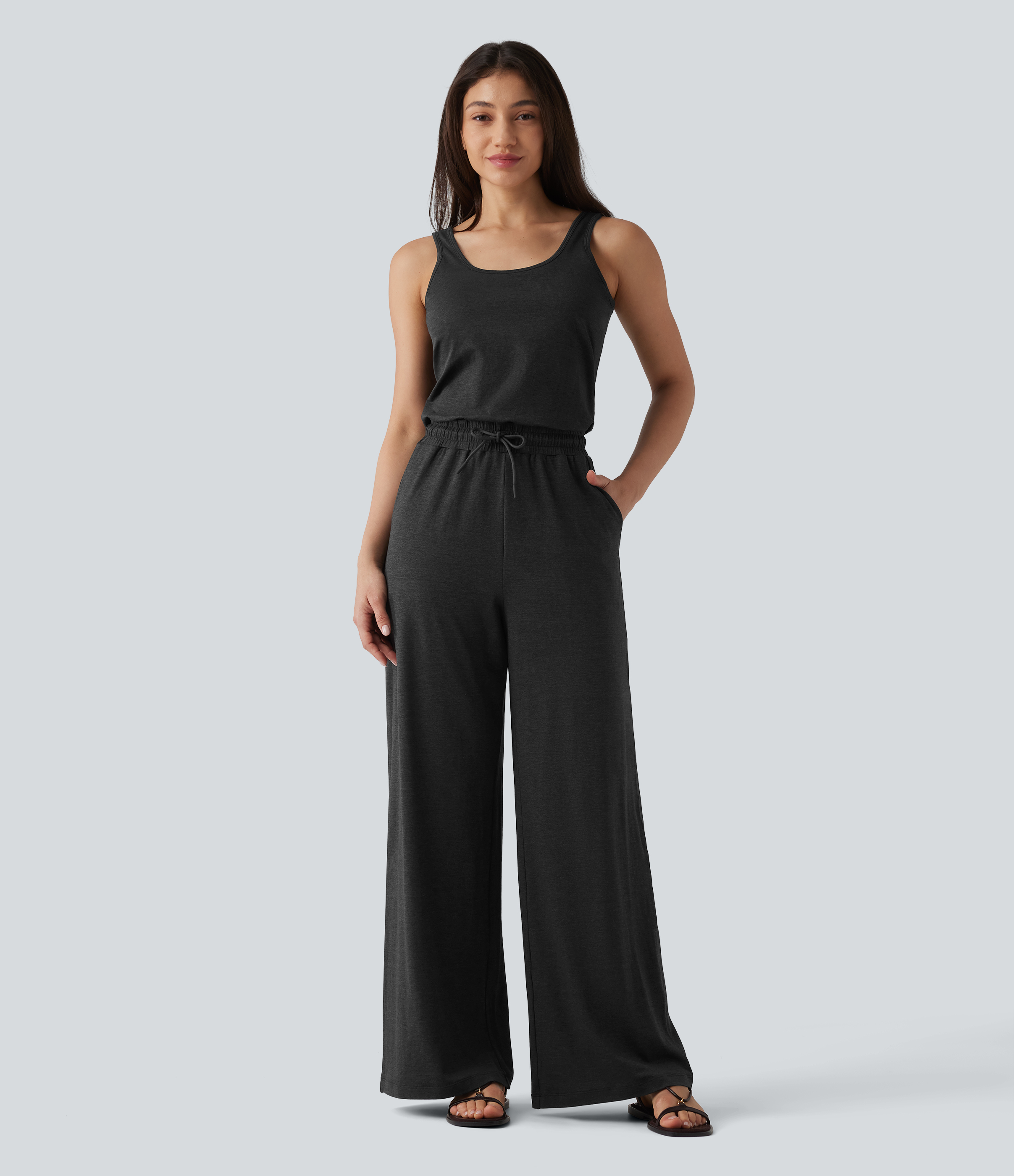 U-Neck Sleeveless Drawstring Heathered Casual Baggy Jumpsuit with Pockets-Easy Peezy  - Darl Gray Floral Yarn