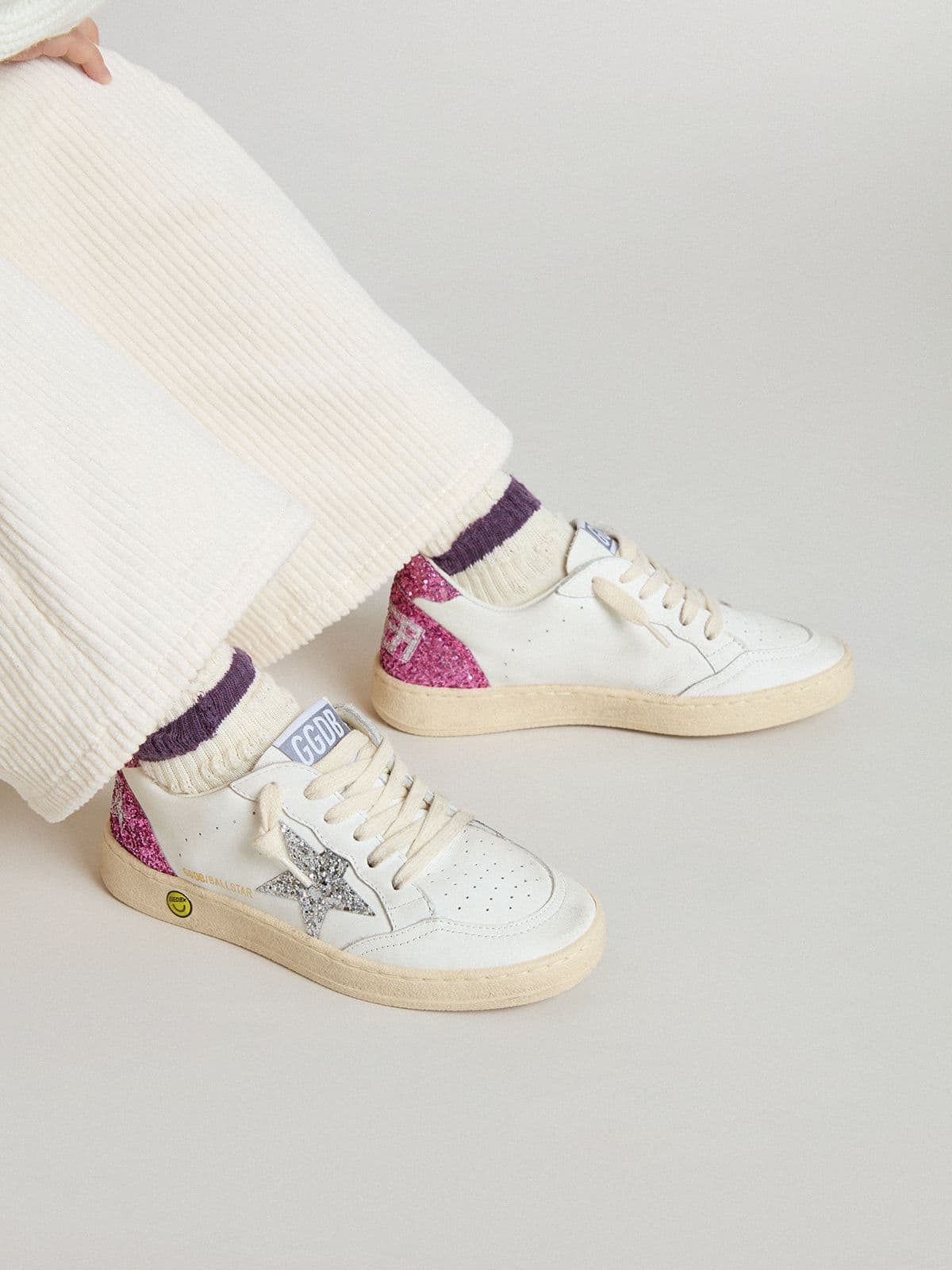 Golden Goose - Junior Ball Star With Silver Glitter Star And Pink Glitter Heel Tab