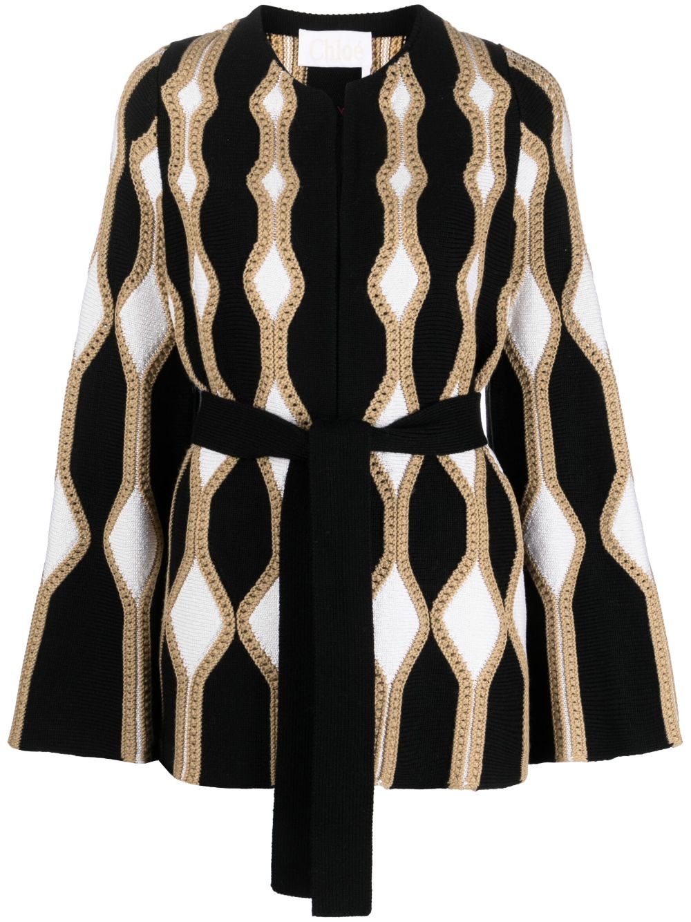 Intarsia-knit tie-fastening cardigan - Black