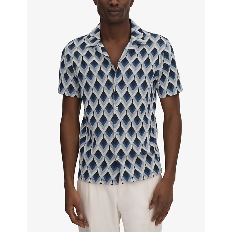 Mens Navy Multi Beech Diamond-jacquard Slim-fit Stretch-cotton Shirt S