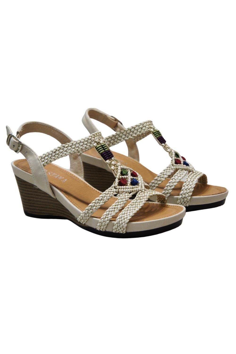 IVACHY Women's Buckle Bohemian Style Wedges in Beige