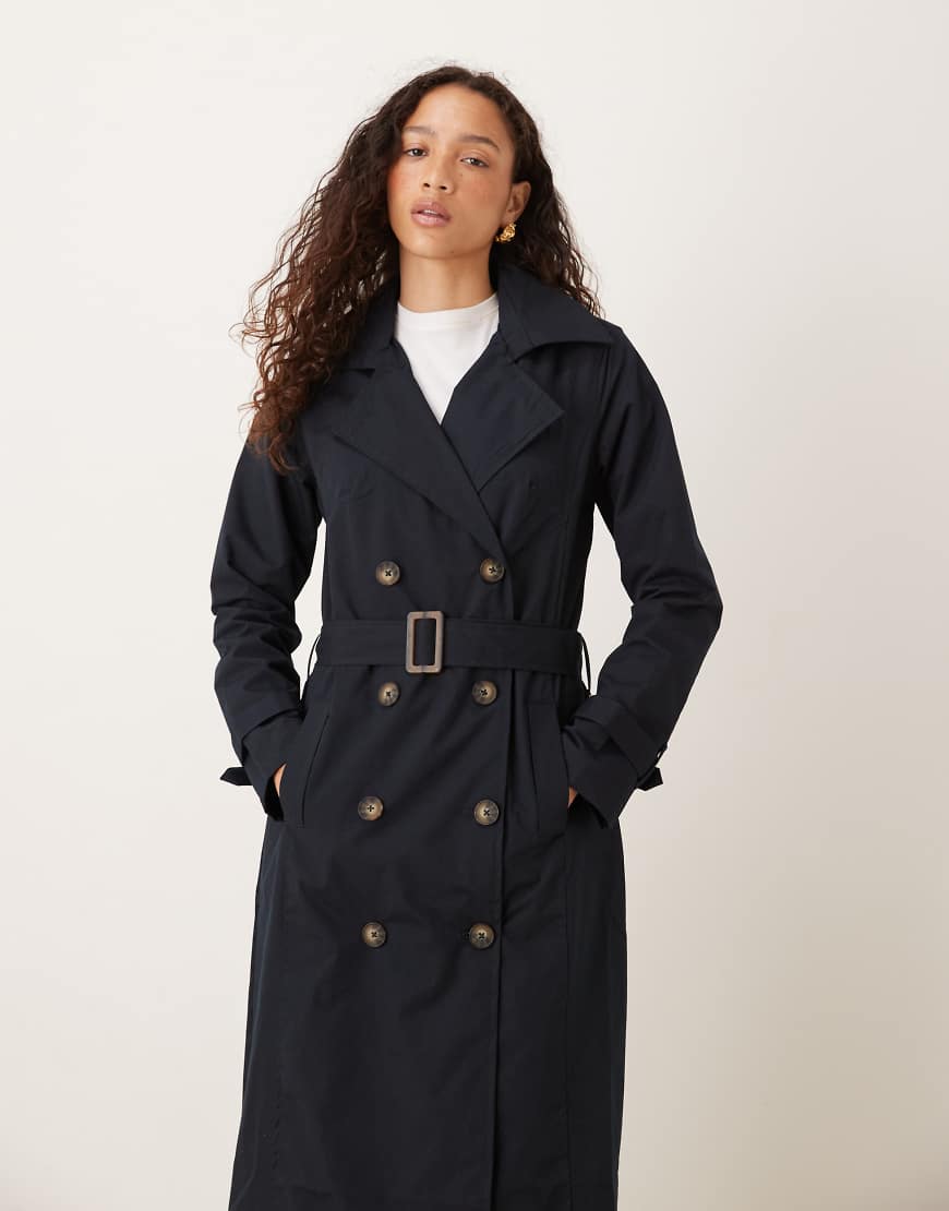 Double-breasted longline trench coat with detachable hood in navy