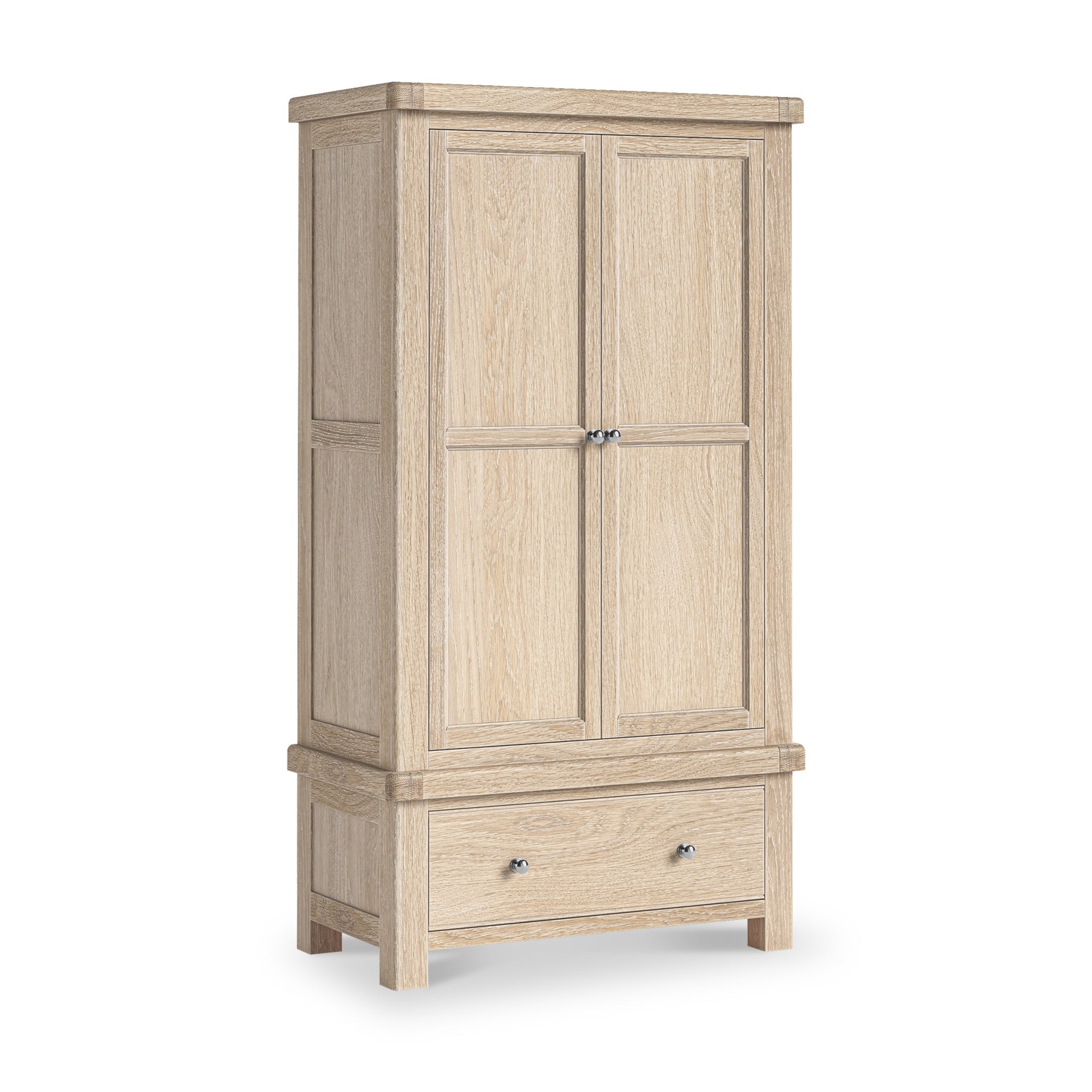 Portland Washed Oak Double Wardrobe with Drawer for Bedroom Storage | Roseland
