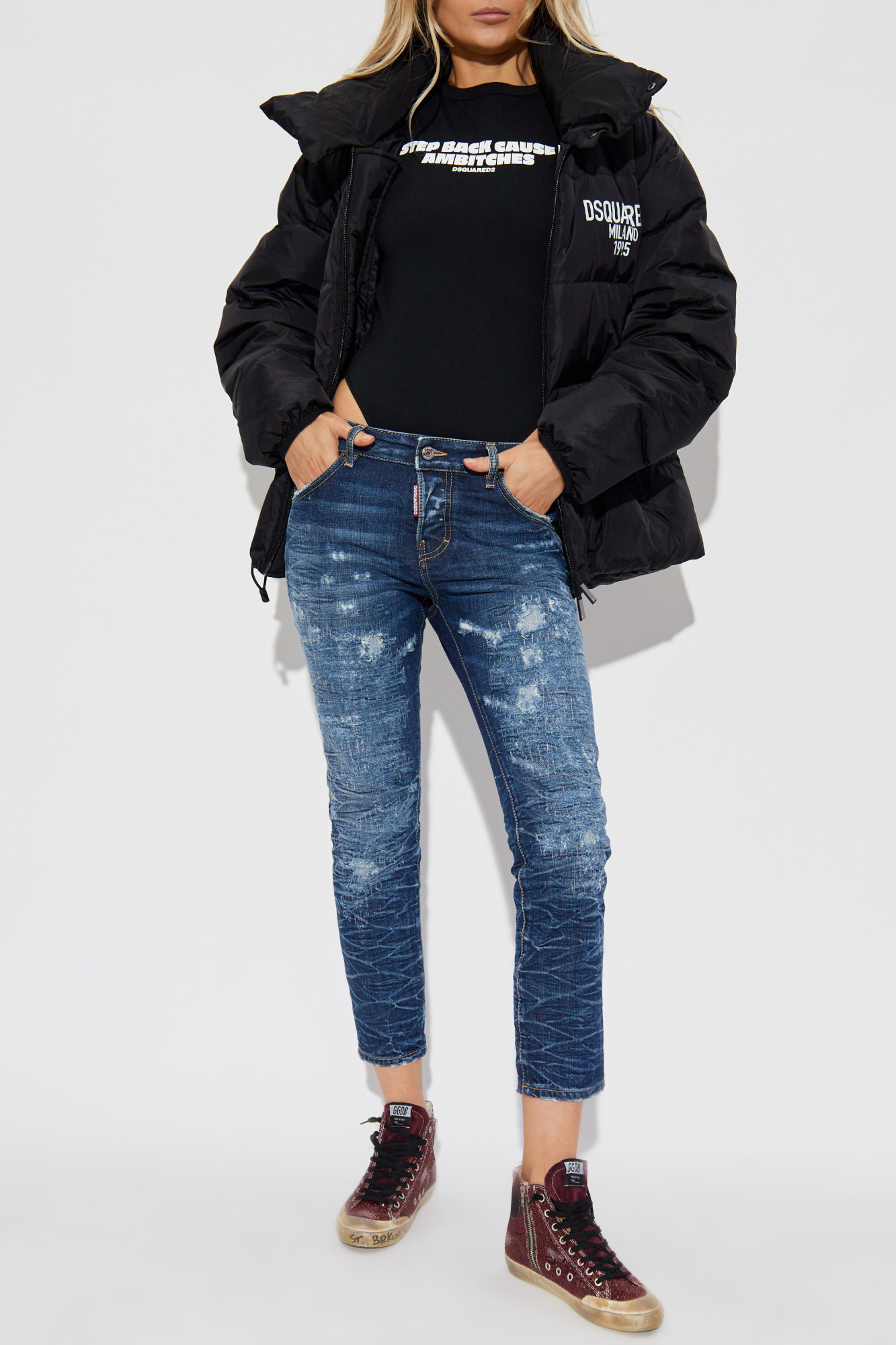 Down Jacket With Printed Logo, Women's, Black