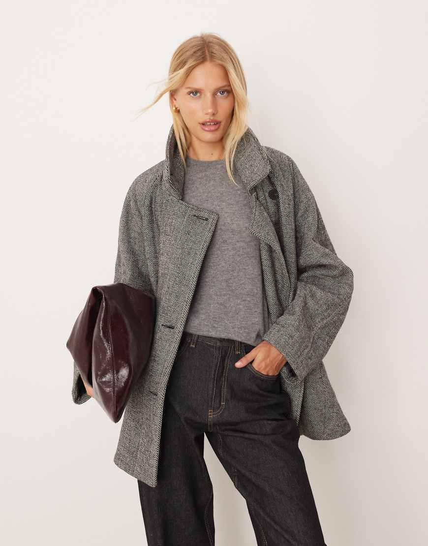 Oversized mid length pea coat in herringbone-Black