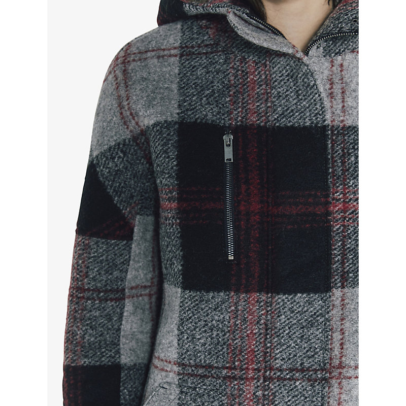 Womens Charcoal Grey Checked Hooded Woven Coat