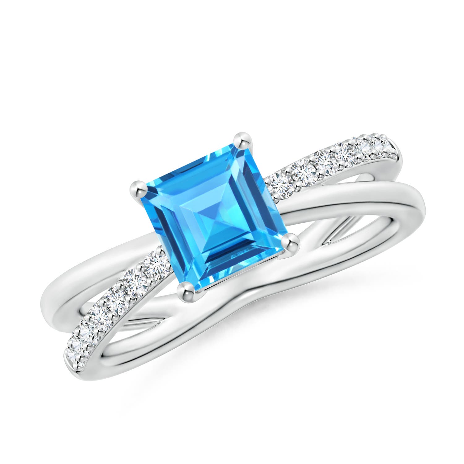 Angara 1.35 Carats Square Swiss Blue Topaz Crossover Shank Ring with Diamonds in Platinum