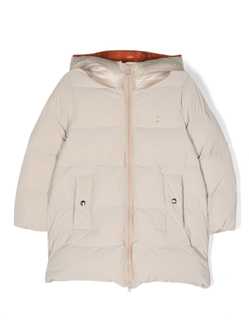 Logo-embroidered hooded down coat - Neutrals
