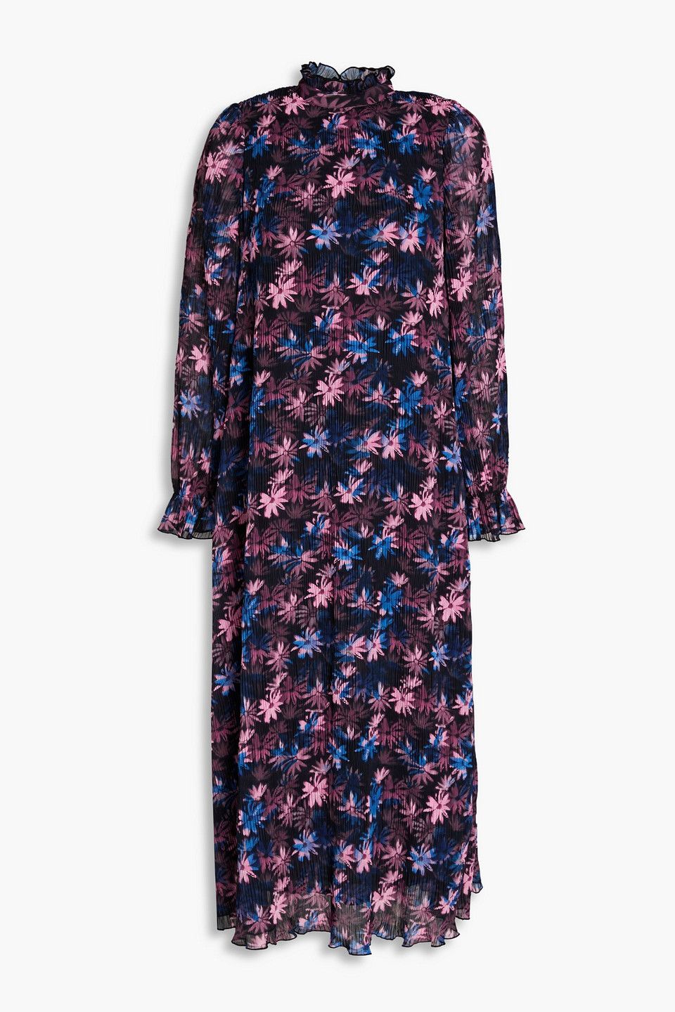 Ruffled floral-print plissé-georgette midi dress