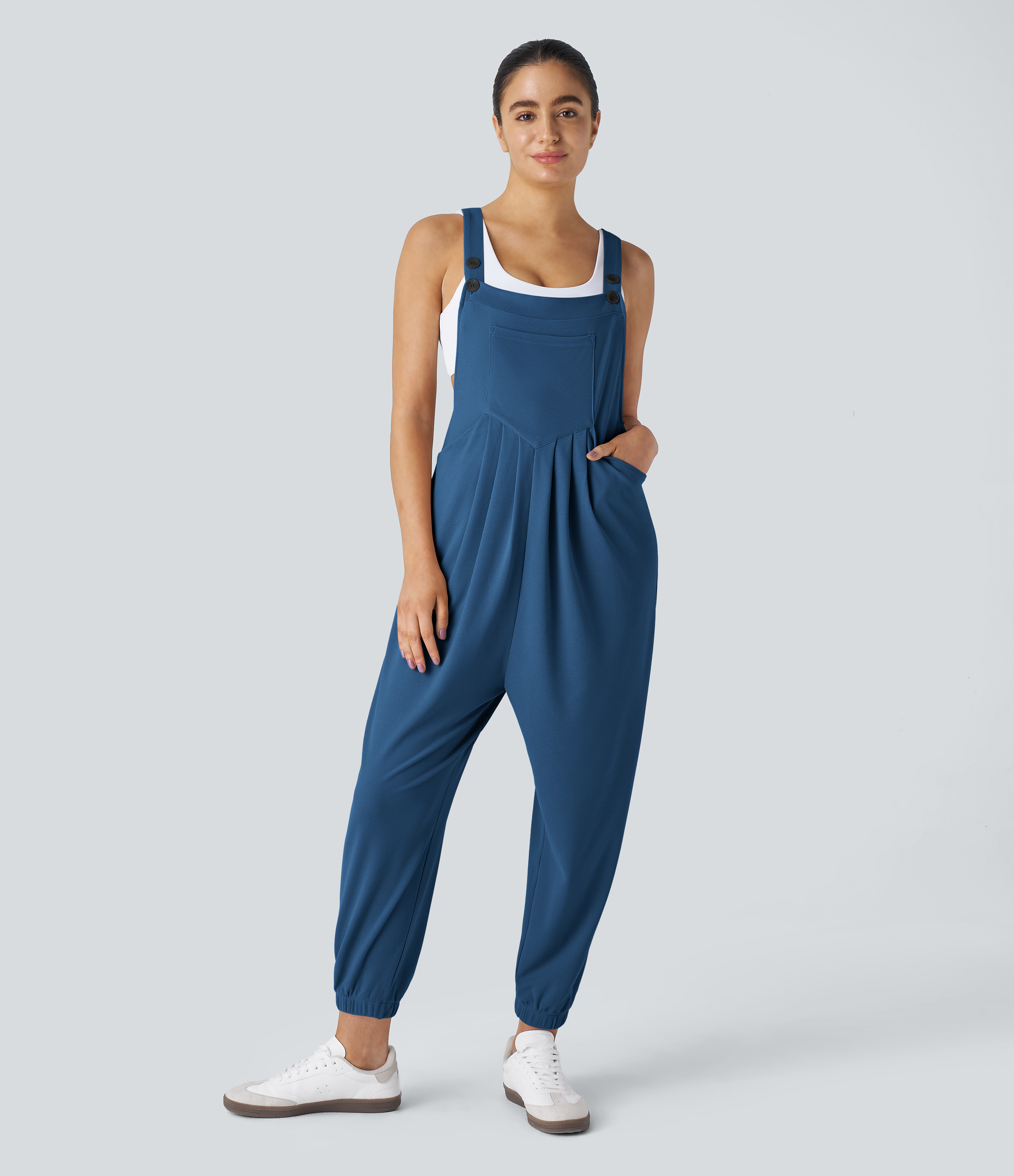 Pockets Waffle Casual Jogger Overalls  - Dark Blue