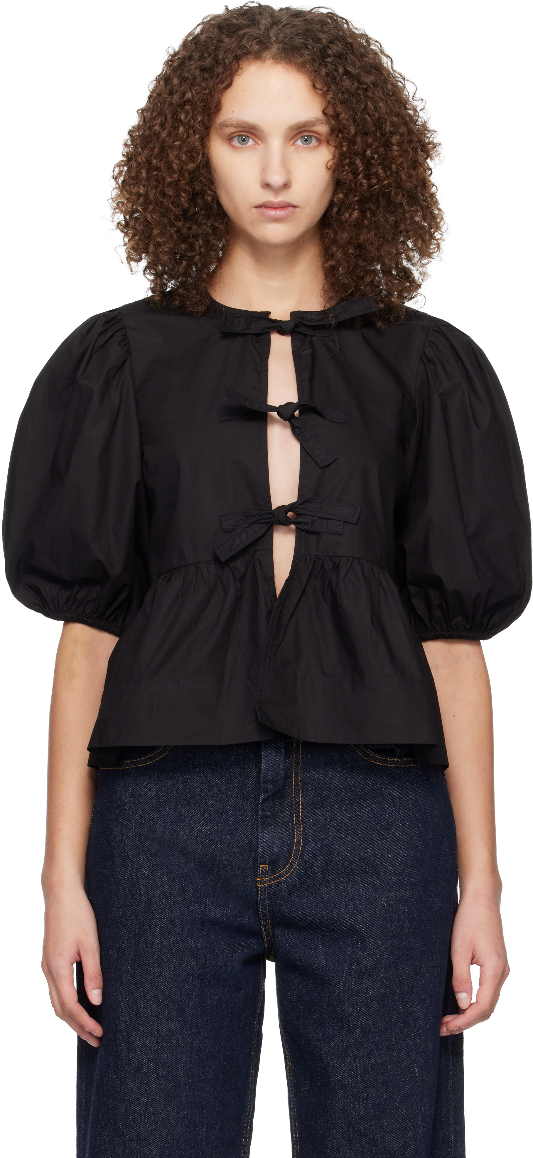 Black Cotton Poplin Peplum Tie Blouse