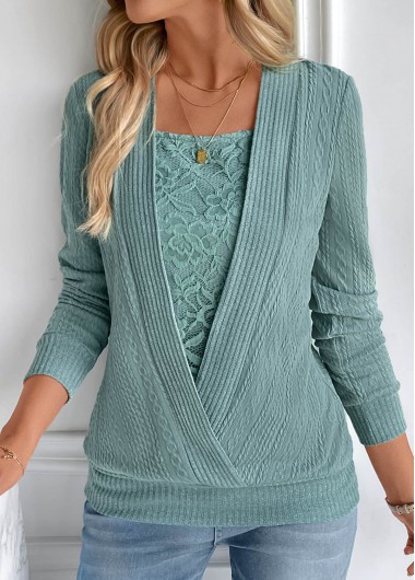 Modlily Turquoise Fake 2in1 Long Sleeve Square Neck Sweatshirt
