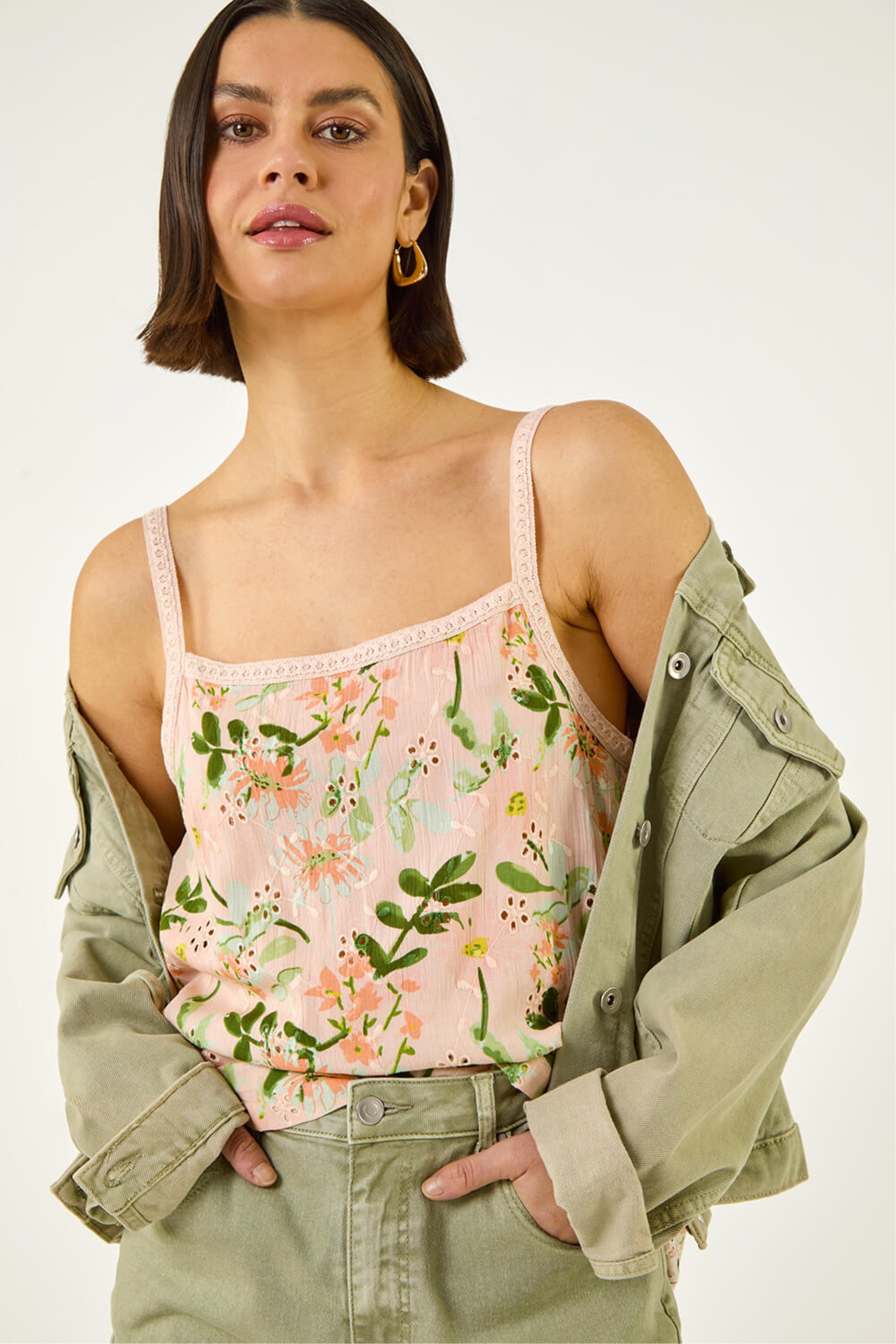 Roman Womens Floral Broidery Cami - Peach