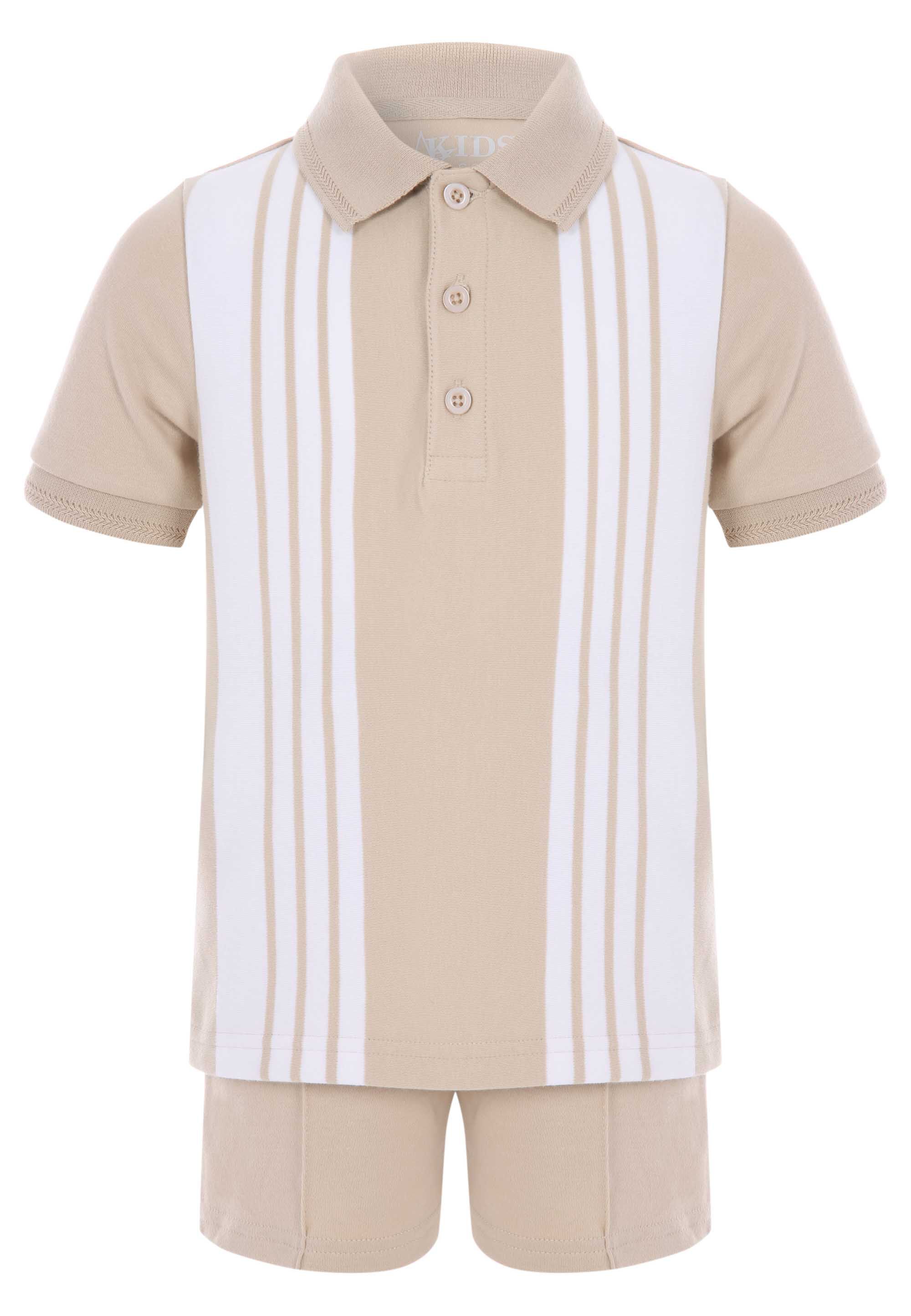 Younger Boys Stone Stripe Polo Shirt & Shorts Set