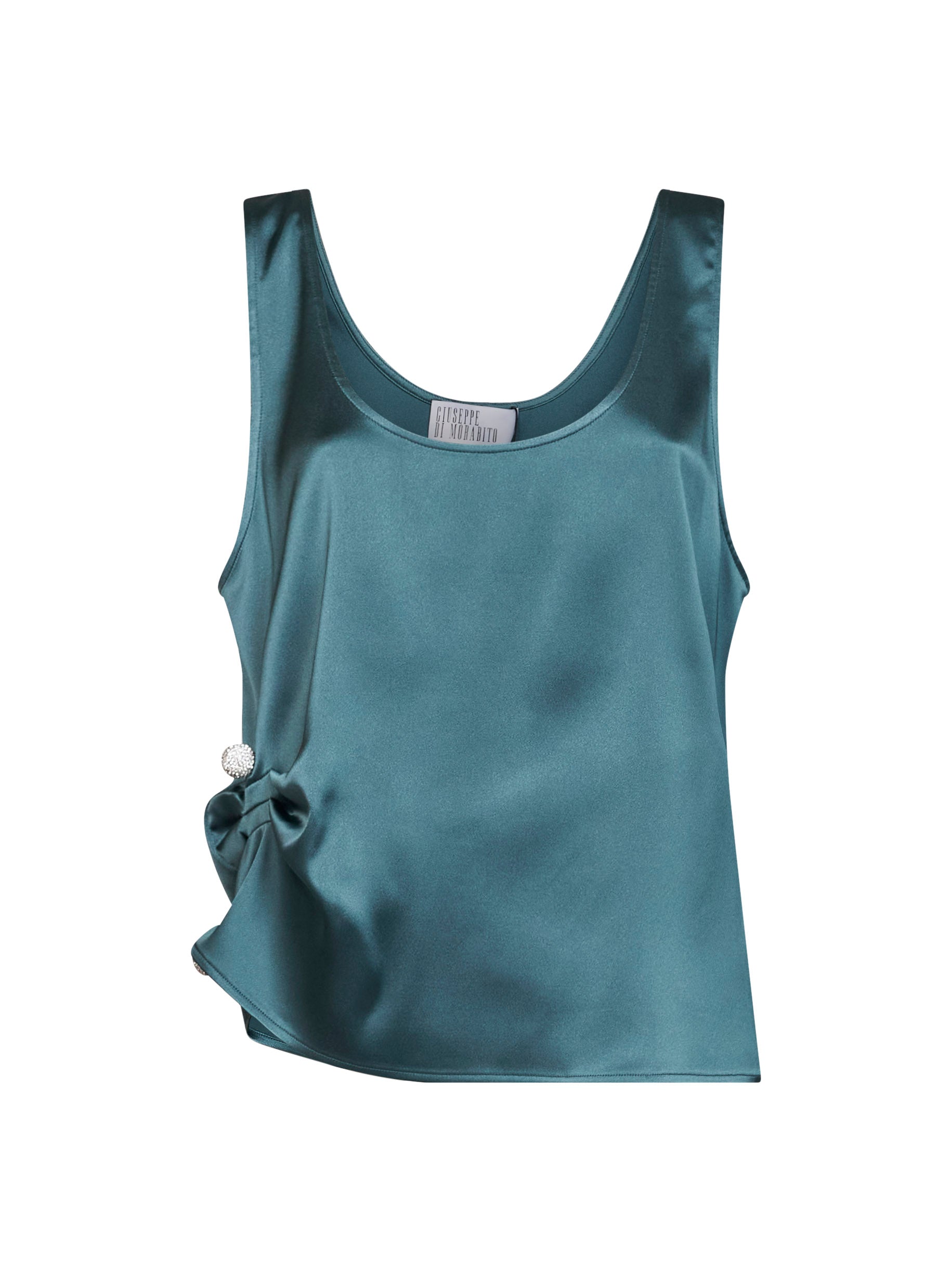 Satin Draped with Crystal Detail Tank Top — Green